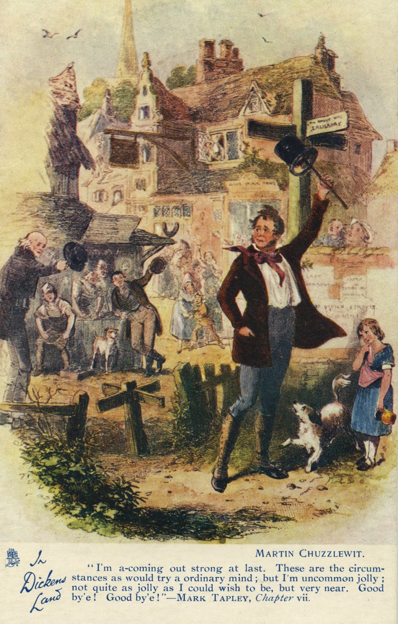 I Dickens Land - Martin Chuzzlewit postkort, ca. 1907 av Hablot Knight Browne
