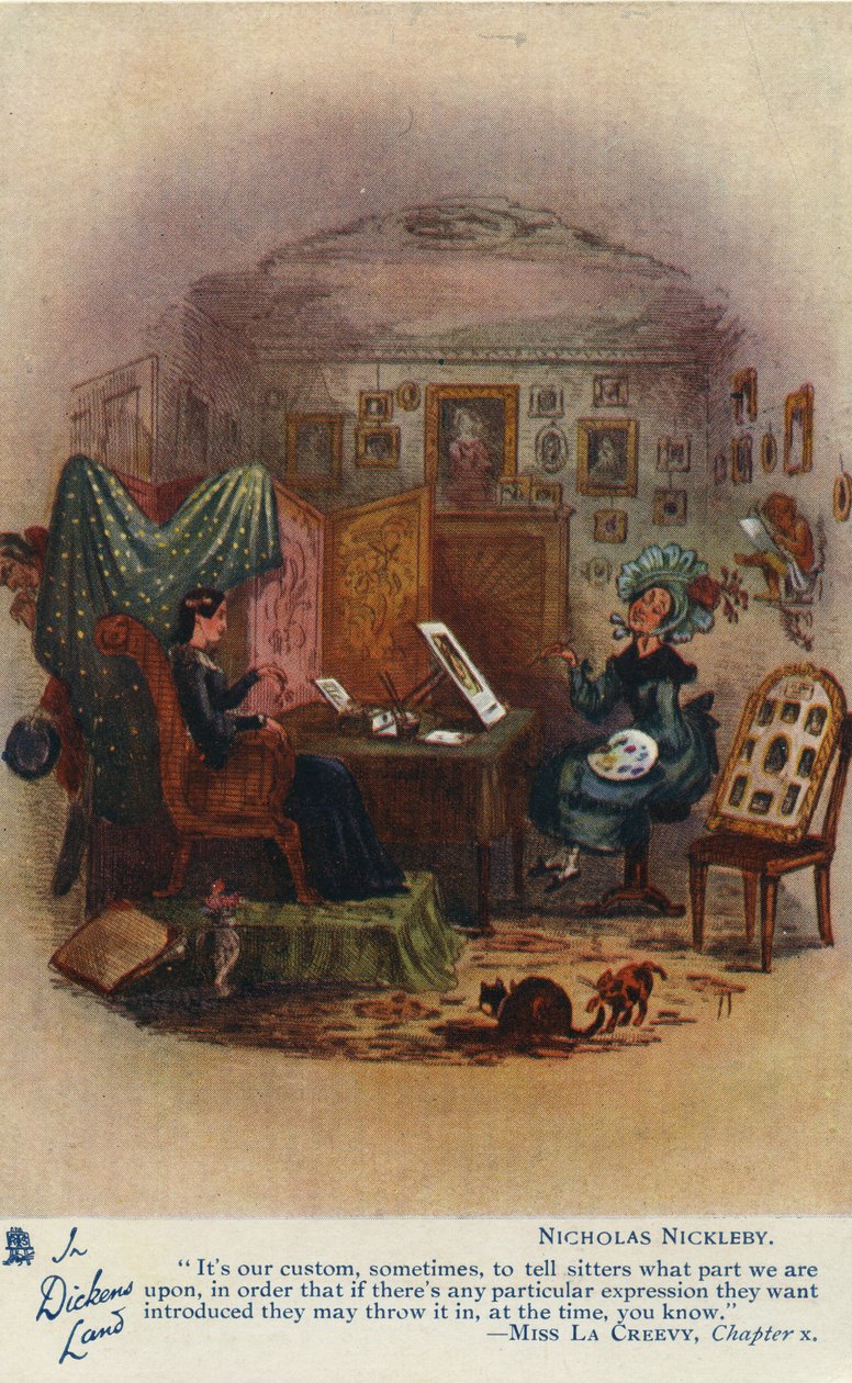 I Dickens Land - Nicholas Nickleby postkort, ca. 1905 av Hablot Knight Browne