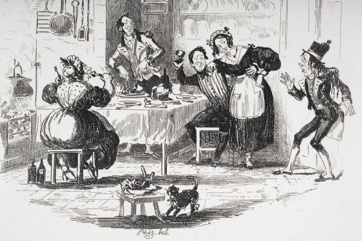 Job Trotter møter Sam i Mr. Muzzles kjøkken, illustrasjon fra `The Pickwick Papers