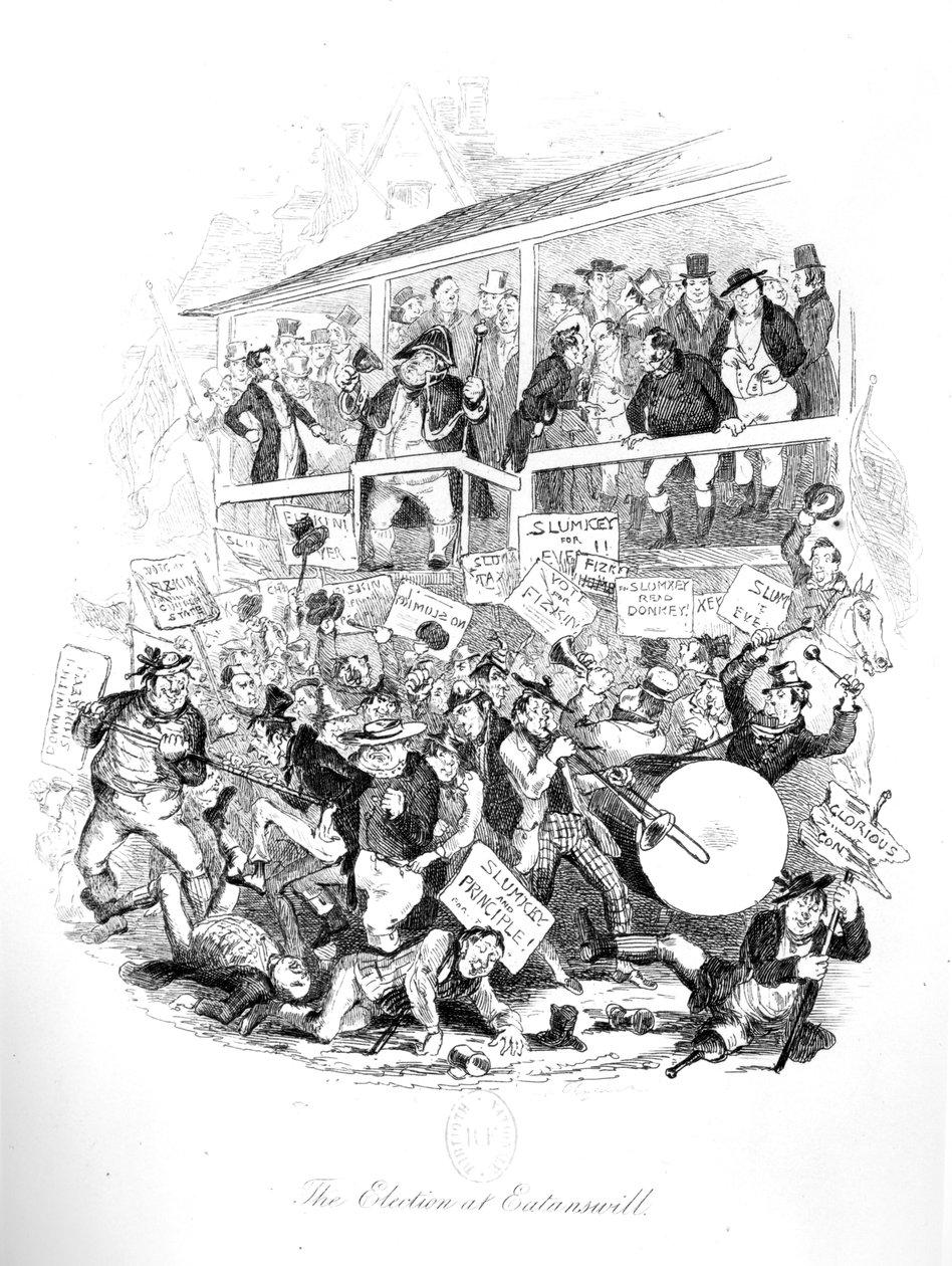 Mr Pickwick på valgdagen i Eatenswill, illustrasjon fra 