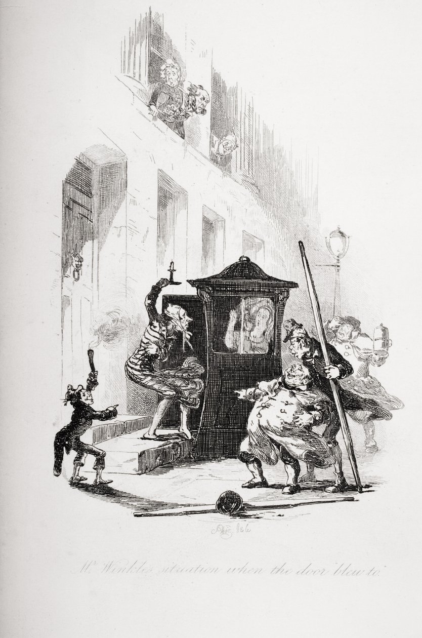 Mr. Winkles situasjon da døren blåste til, illustrasjon fra `The Pickwick Papers