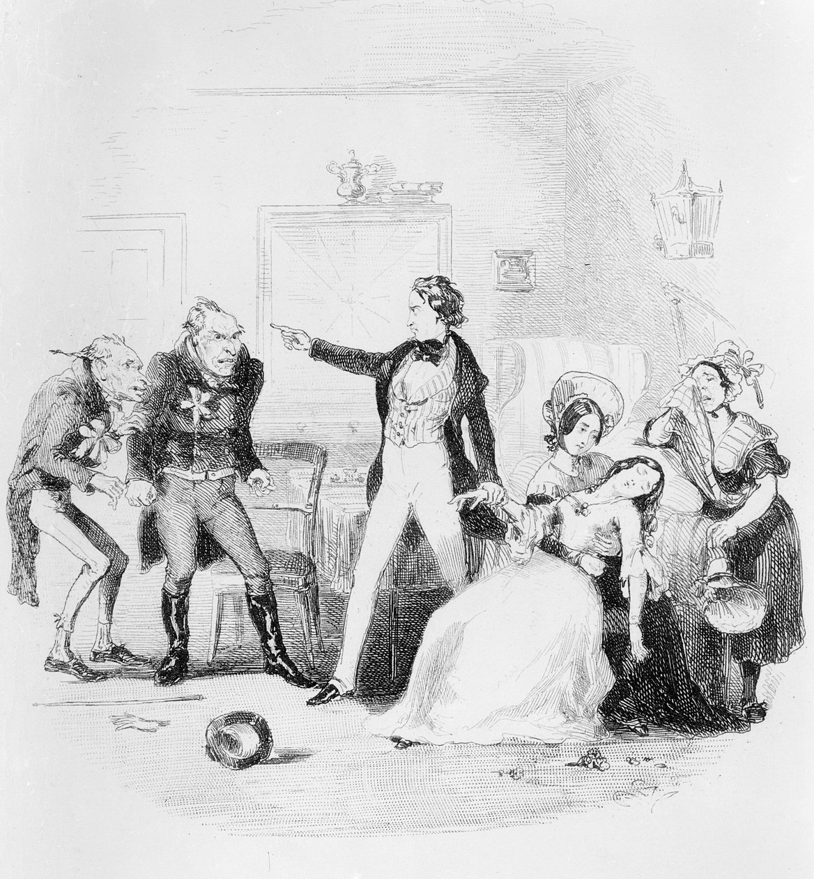 Nicholas gratulerer Arthur Gride med bryllupsmorgenen, illustrasjon fra `Nicholas Nickleby