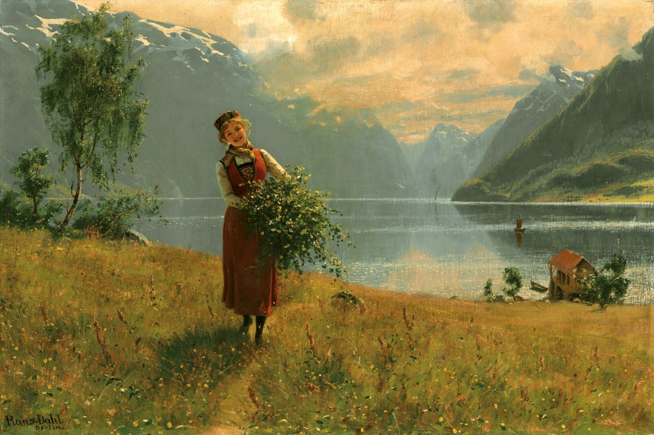 Ung jente med bjørkegrener foran en norsk fjord. av Hans Dahl