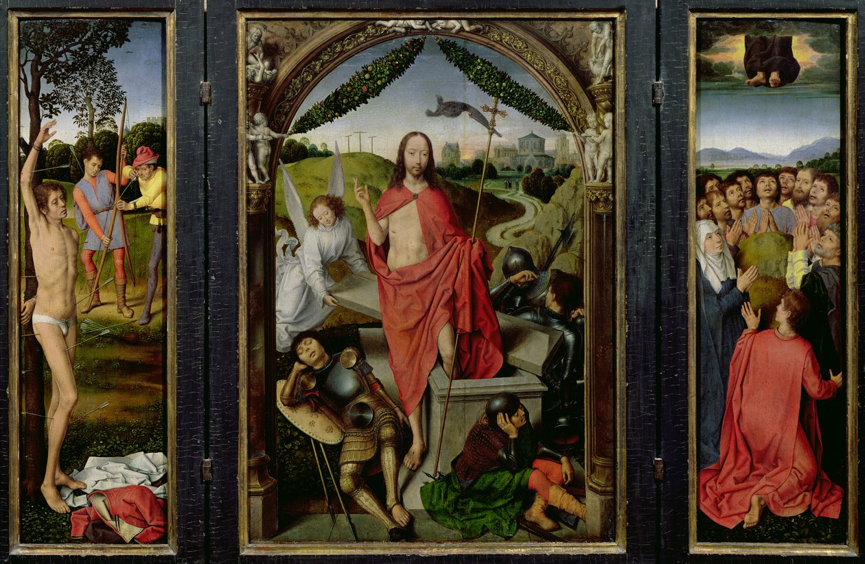 Triptych of the Resurrection: The Resurrection (i midten) The Martyrium of St. Sebastian (venstre) og The Ascension (høyre) ca.1485-90 av Hans Memling