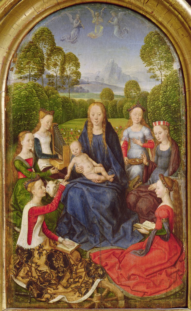 Jomfru og barn med hellige, venstre panel fra Diptych of Jean du Cellier, ca. 1490 av Hans Memling