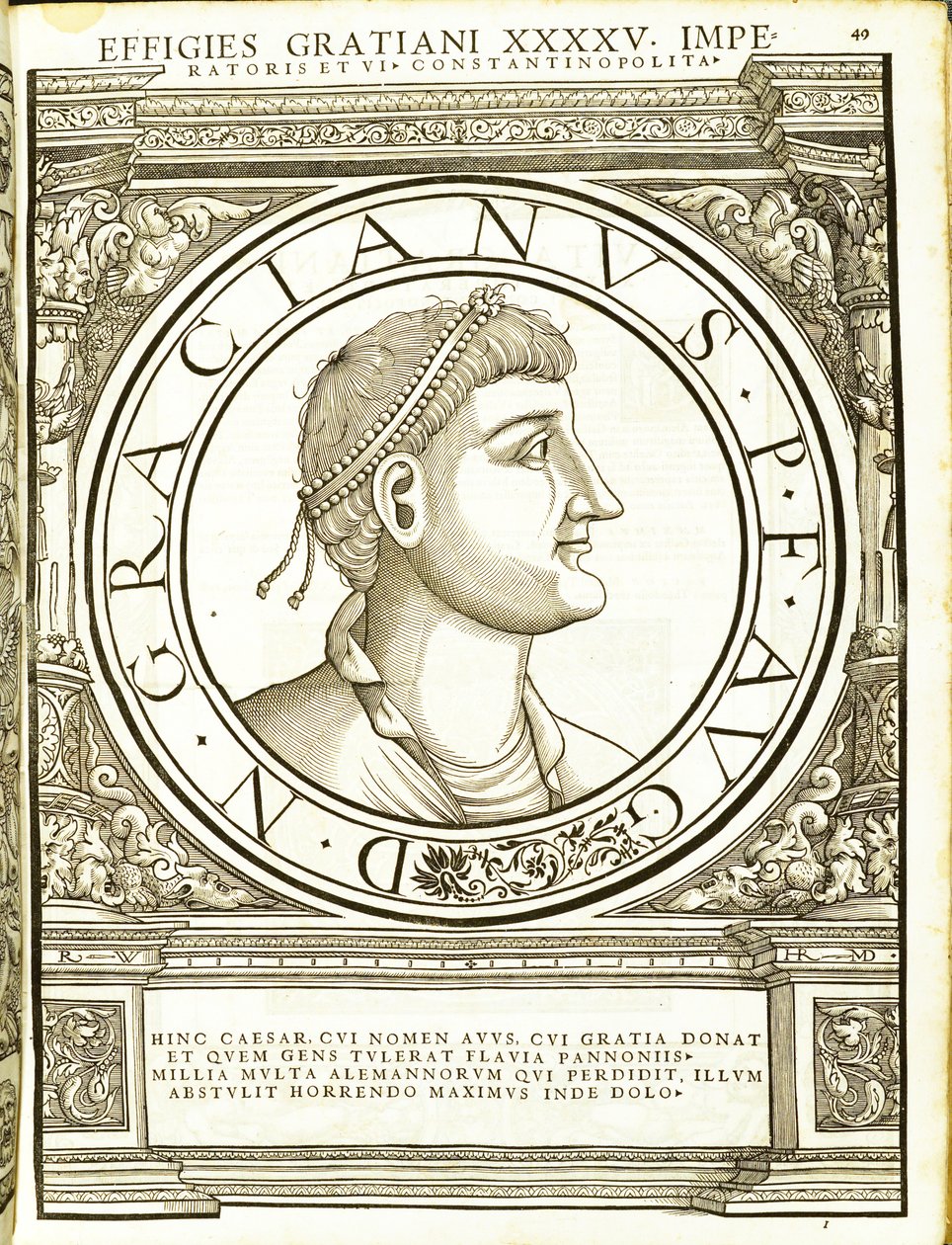 Gratian, illustrasjon fra de romerske keiserne i hele øst og vest, med de mest autentiske bildene av de gamle myntene, tresnitt av Rudolph Wyssenbach, trykt av Andreas Gesner, Zürich, 155 av Hans Rudolf Manuel Deutsch