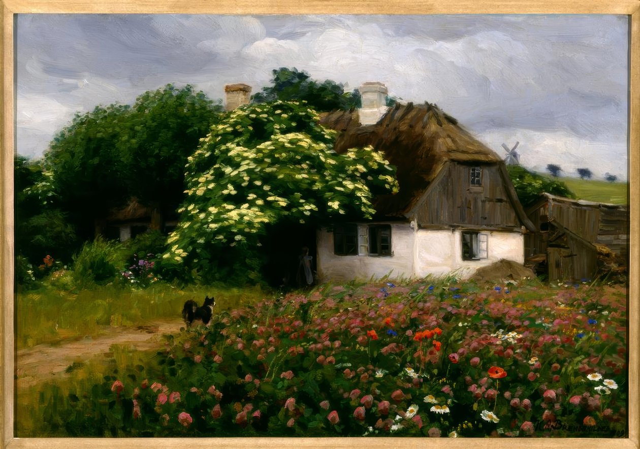 H.A. Brendekilde, blomstereng på gården av Hans Andersen Brendekilde
