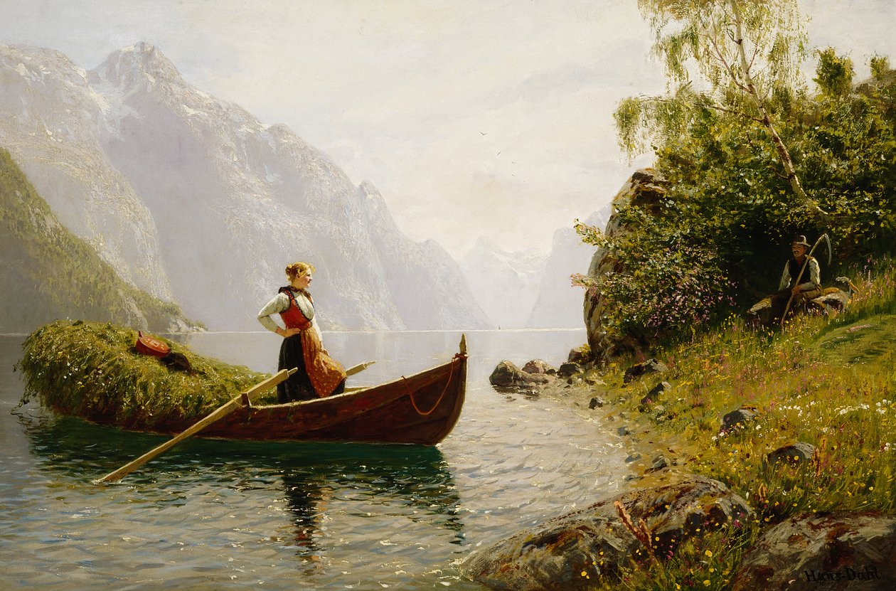 Kvinne og mann i fjordlandskap av Hans Dahl