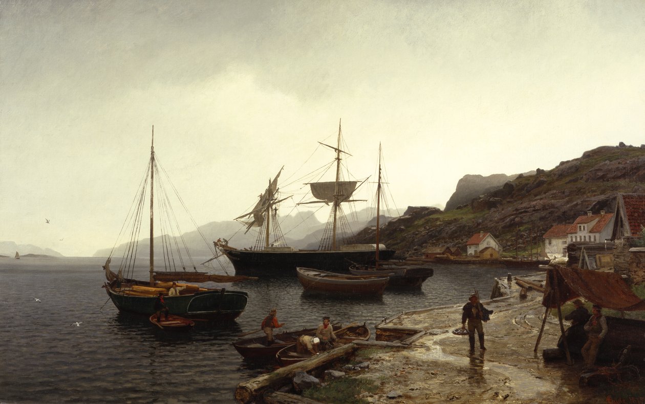 Fiskesmell (båt) i havn, Kleven, Mandal av Hans Gude