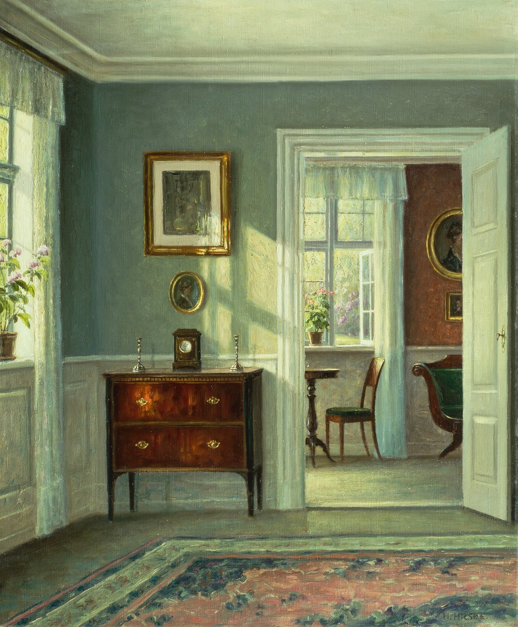 Et interiør (olje på lerret) av Hans Hilsoe