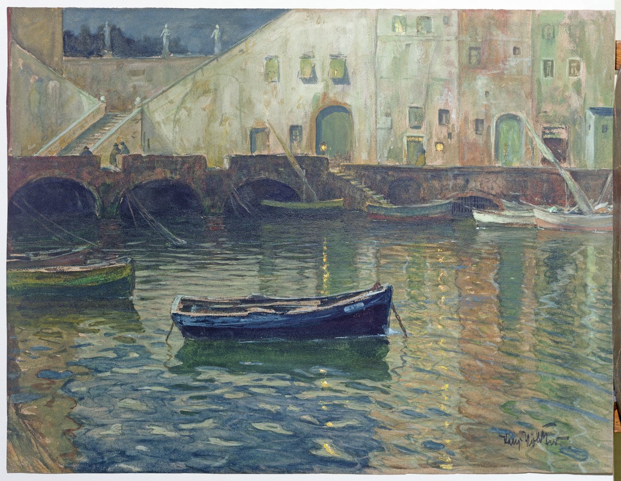 Havn i måneskinn, ca. 1900 (wc på papir) av Hans Volcker