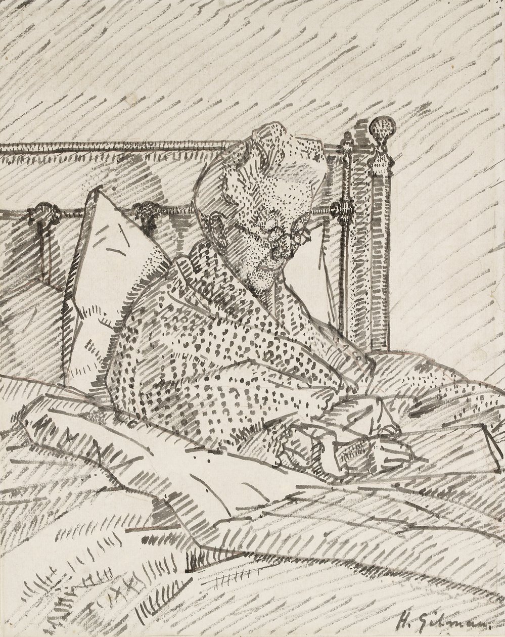 Portrett av kunstnerens mor som skriver i sengen (rørpenn og grått blekk over indikasjoner med rødt kritt) av Harold Gilman