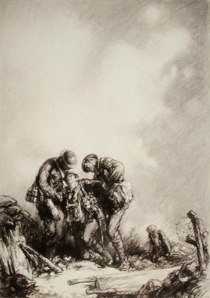 Stretcher Bearers (pencil on paper)   1410251   no       norwegian Successfully Translated  Original: The World Disposing of Justice, from The Unrestrained World, plate 1, 1550. Translat: The World Disposing of Justice, from The Unrestrained World, plate 1 av Harold James Mowat