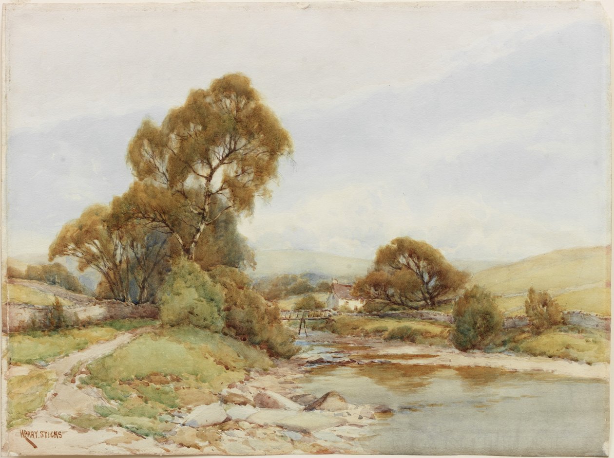 A River Landscape (akvarell og blyant på papir) av Harry Sticks