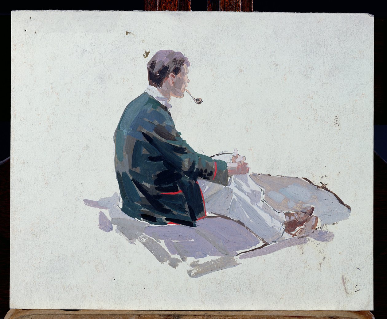 Mann som sitter på steiner og røyker pipe (olje på papir) av Harry Watson