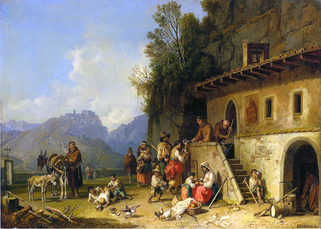 Munker som mater de fattige, Italia, 1864-65 av Heinrich Burkel
