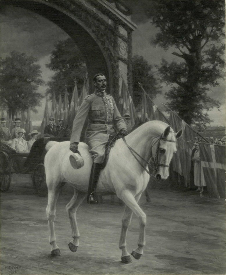 Christian X sykler over grensen 1920 etter gjenforening av Heinrich Dohm