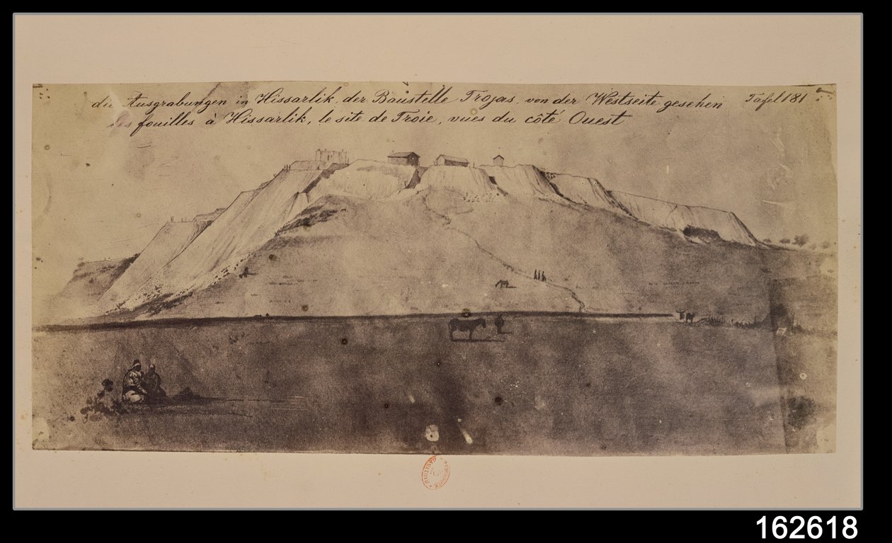 Utsikt over Troy-utgravningene sett fra vest (penn og blekk og vask) av Heinrich Schliemann