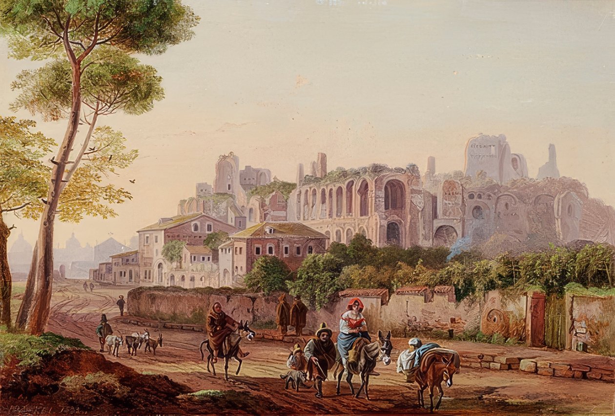 Romersk gatebilde foran Palatinerhøyden. 1832 av Heinrich Burkel