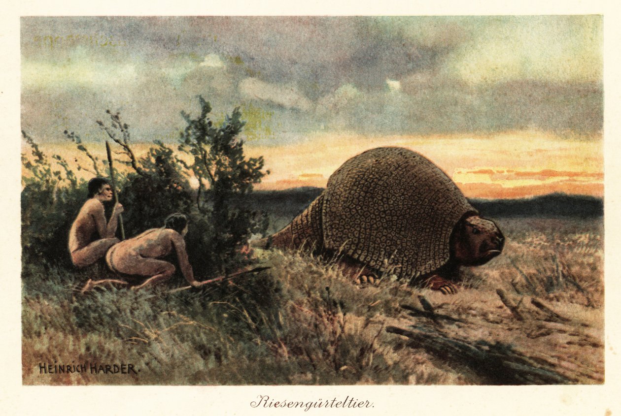 Primitive menn med spyd som jakter på en glyptodon. av Heinrich Harder