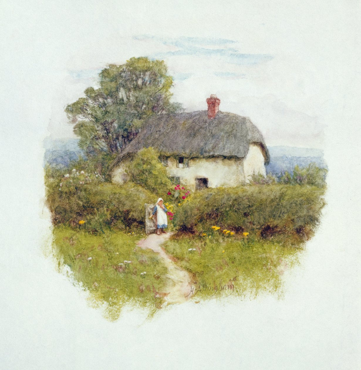 Ung jente ved hytteporten (wc på papir) av Helen Allingham