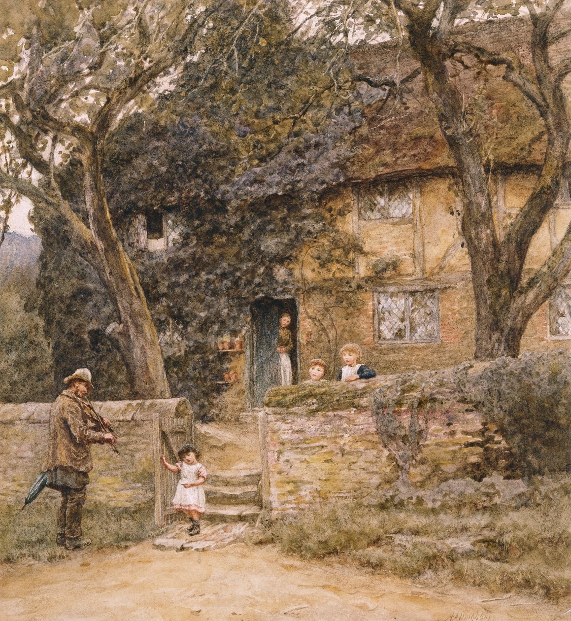 The Fiddler (akvarell med utskraping) av Helen Allingham