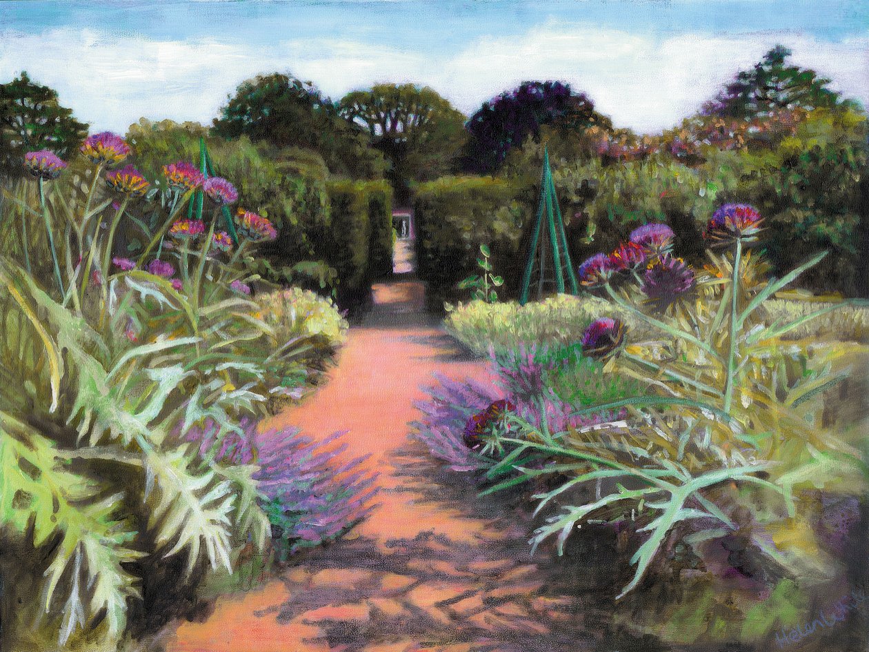 Artisjokker og lavendel, 2020 (akryl om bord) av Helen White