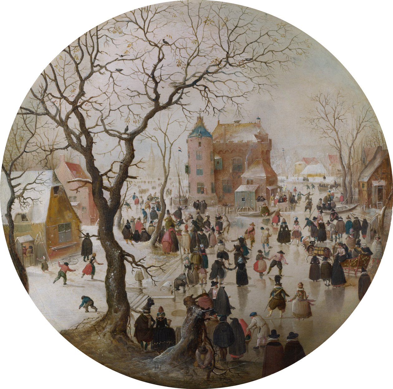 En vinterscene med skatere nær et slott av Hendrick Avercamp
