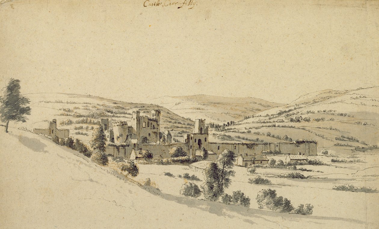 Caerphilly Castle (penn, blekk og vask på papir) av Hendrick Danckerts