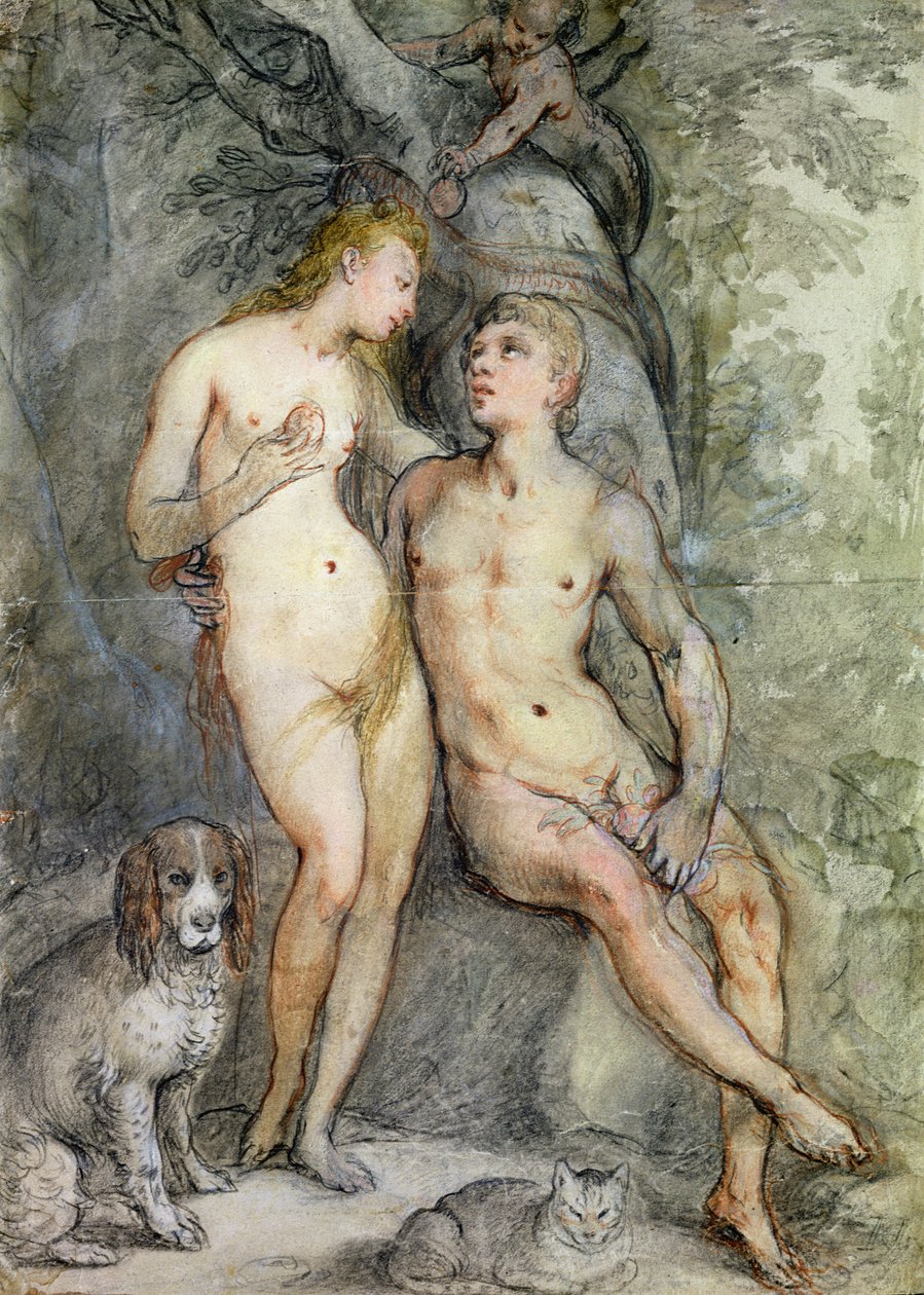 Adam og Eva (blyant og fargeblyant på papir) av Hendrik Goltzius