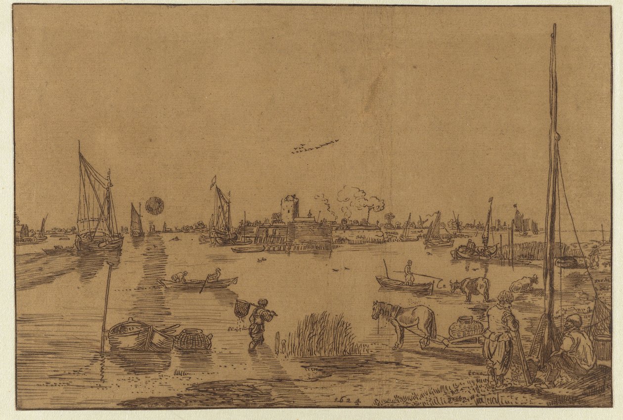 Kveldslandskap med fiskere av Hendrick Avercamp (possibly)