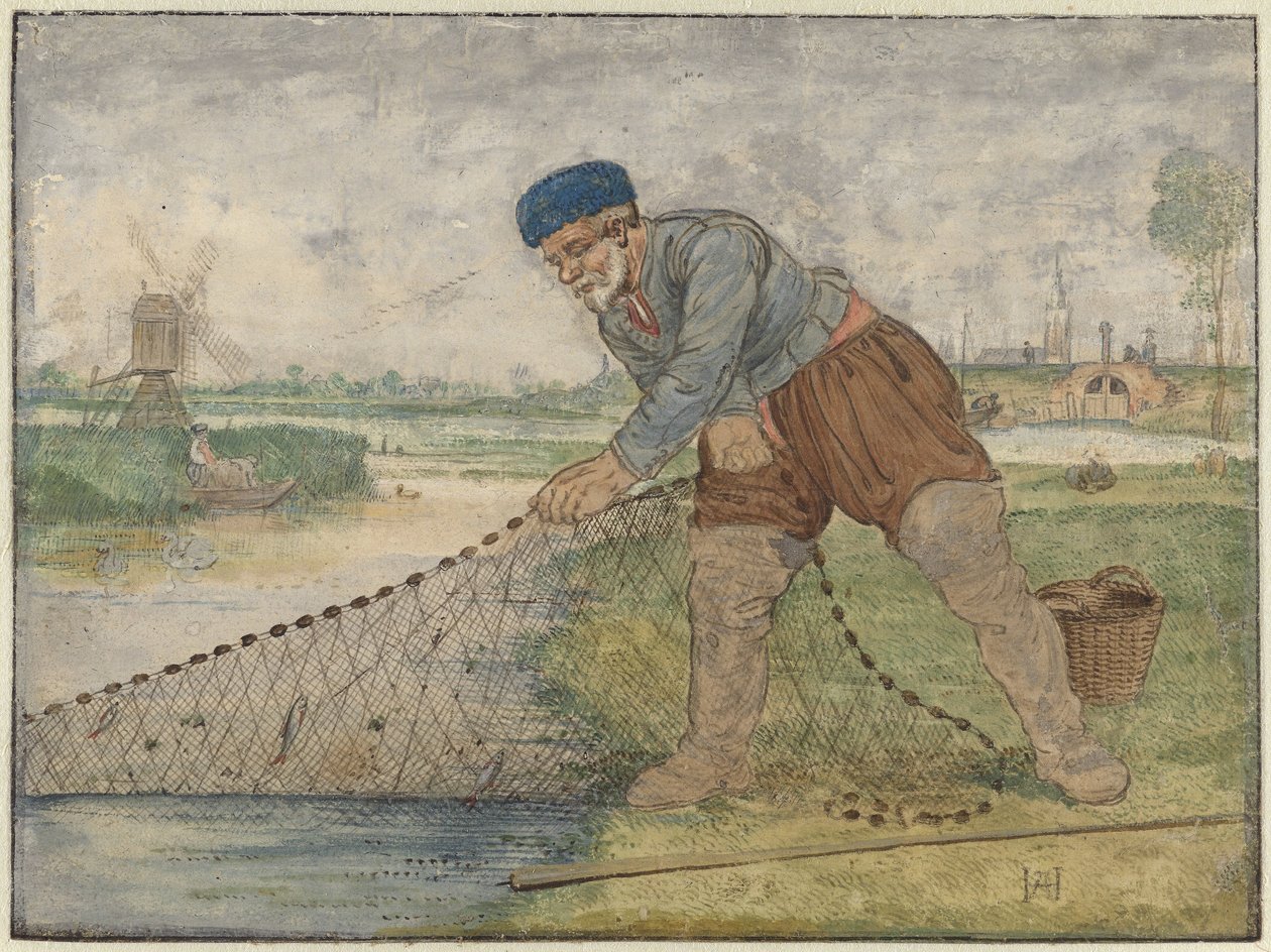 En fisker som drar i garnet sitt av Hendrick Avercamp