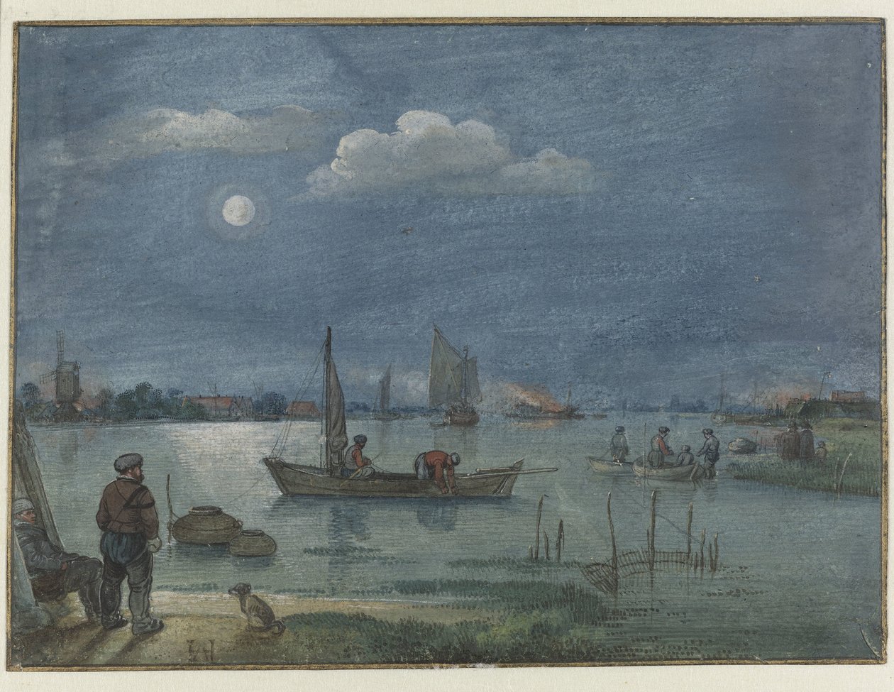 Månebelyst elvelandskap med fiskere av Hendrick Avercamp