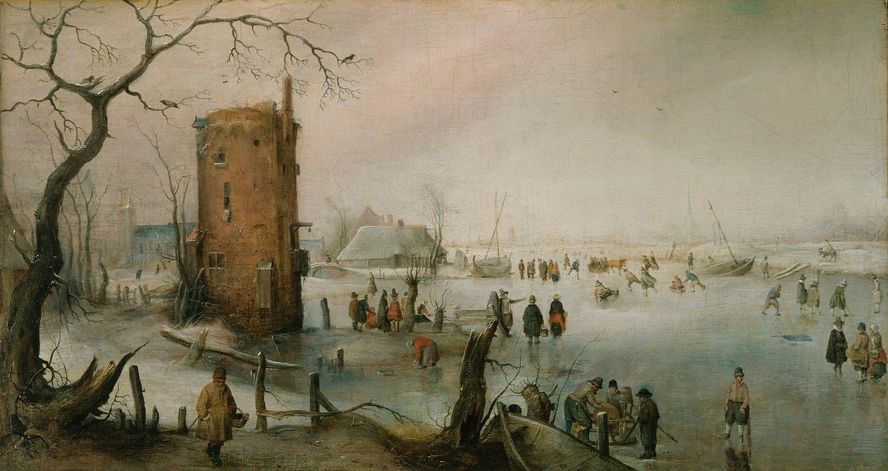 Skating i nærheten av en by av Hendrick Avercamp