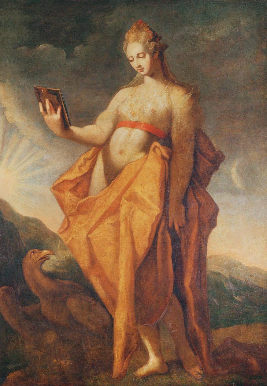 Leto, gravid med tvillingene Artemis og Apollo, med ørnen til Zevs ved føttene hennes av Hendrik Goltzius