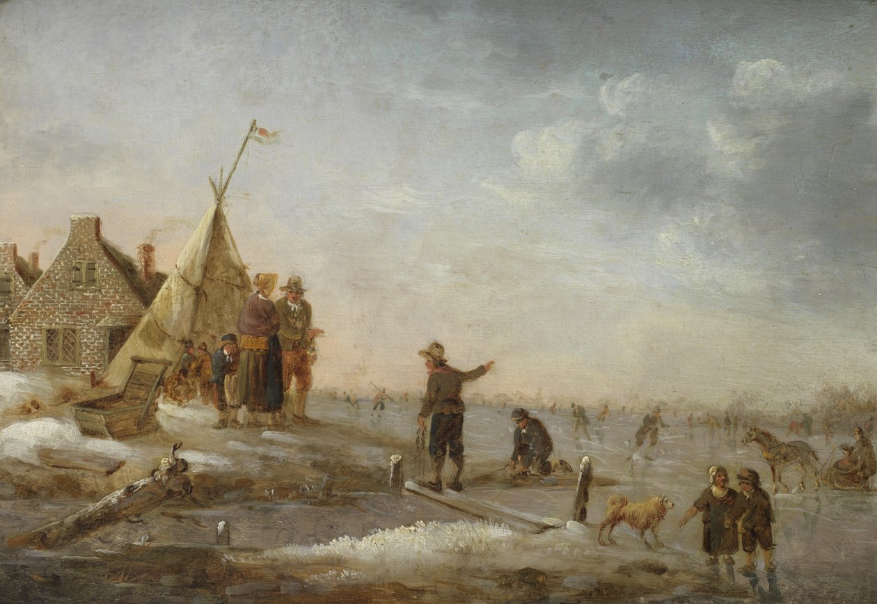 Vinterlandskap med kunstløp før en landsby av Hendrik Willem Schweickhardt