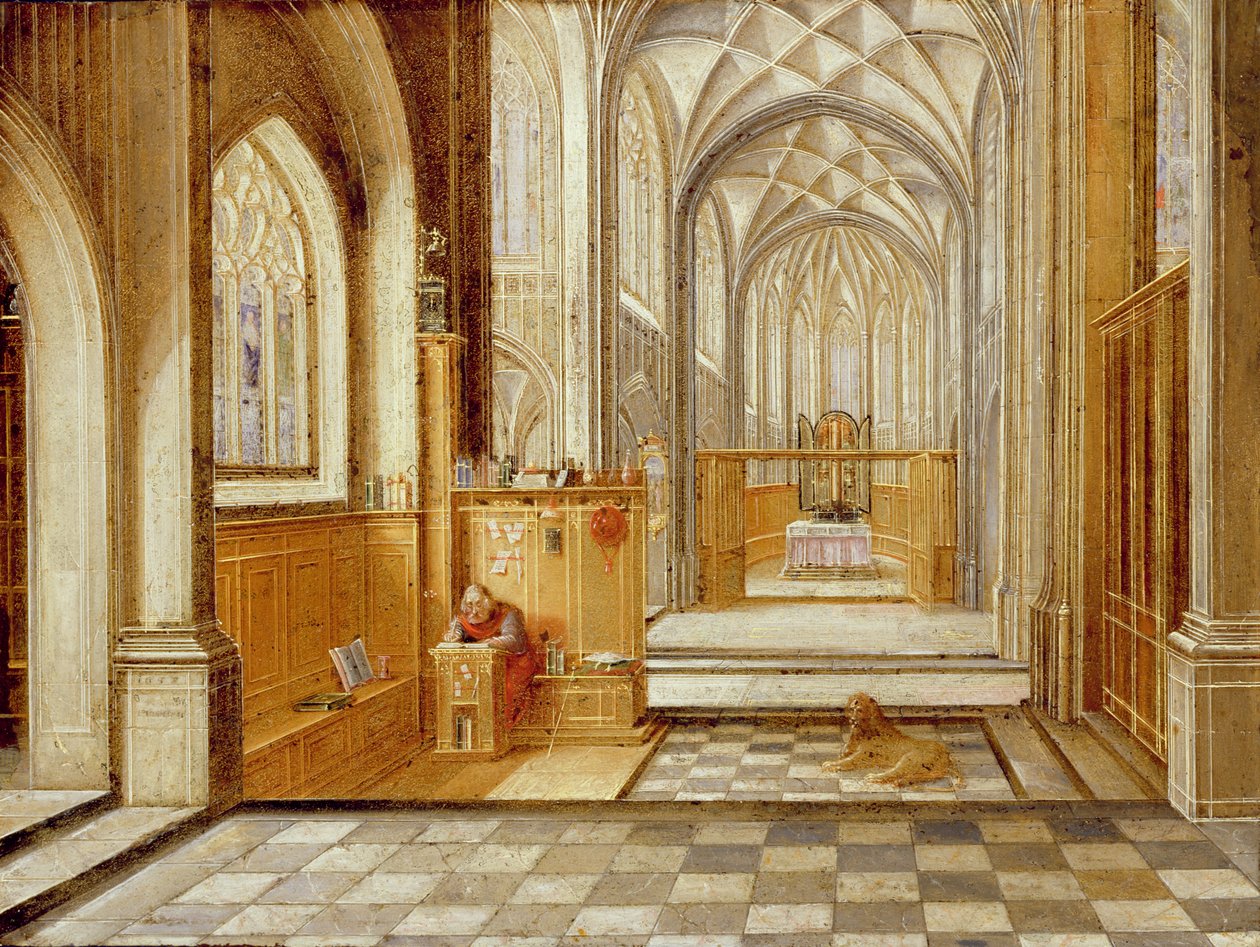St Hieronymus i en gotisk kirke (olje på kobber) av Hendrik the Younger Steenwyck