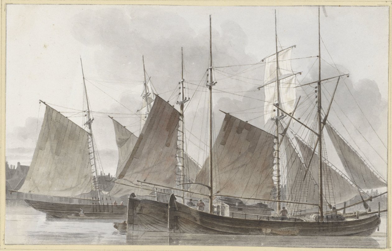 Seilskuter la til kai foran en by av Hendrik Abraham Klinkhamer