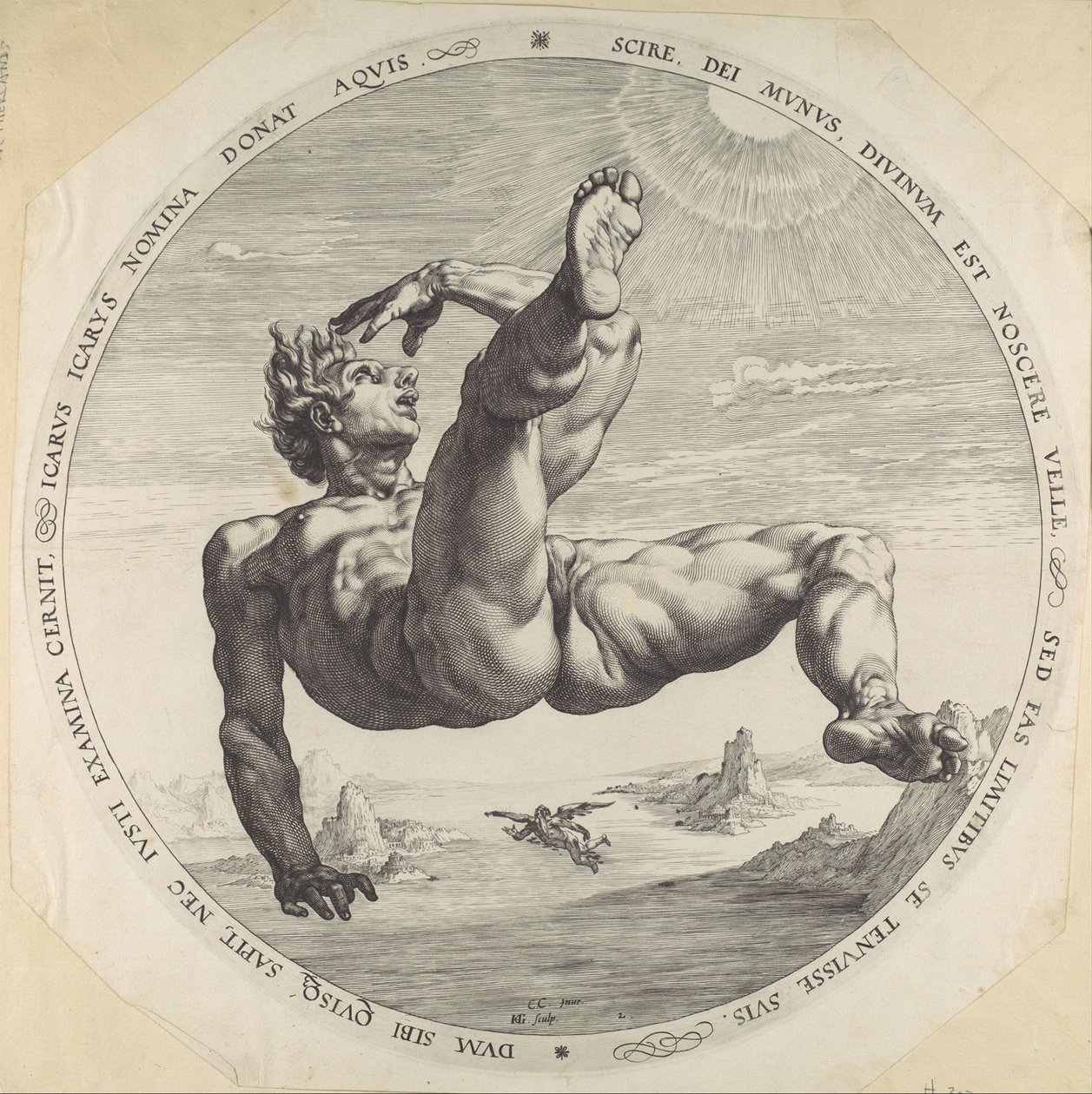 Icarus, fra The Four Disgracers, 1588 av Hendrik Goltzius