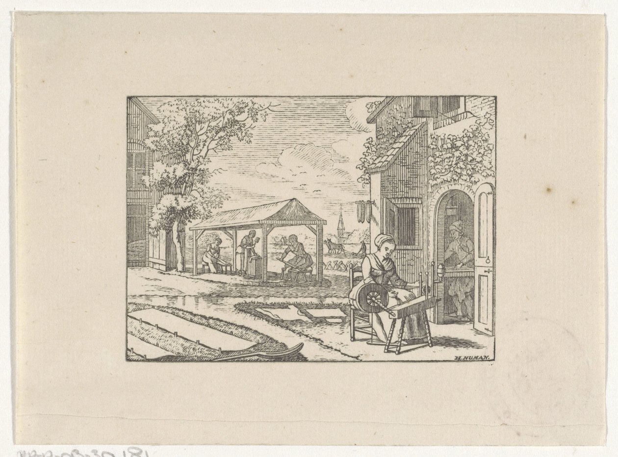 Figurer i arbeid i et tekstilverksted av Hendrik Numan