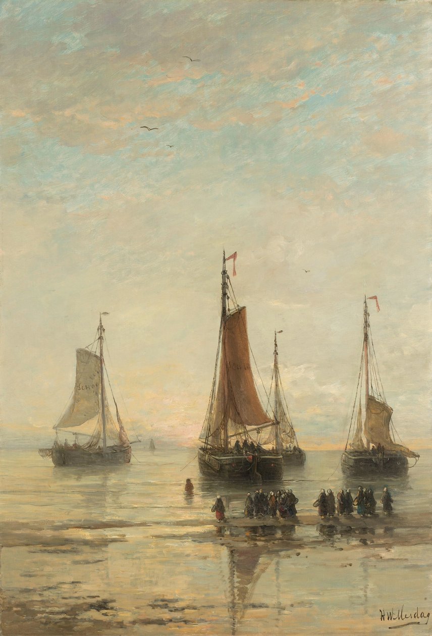 Bluff-buede Scheveningen-båter ved anker av Hendrik Willem Mesdag