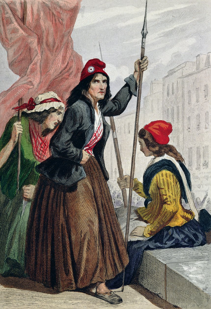 The Tricoteuses of the Guillotine on the Steps of Church of Saint-Roch, 16. oktober 1793 (fargegravering) av Henri Baron