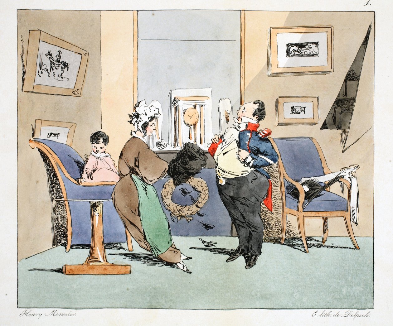 Madame Ledru, I Have Become Terribly Powerful, ca. 1828 (håndfarget litho) av Henri Bonaventure Monnier