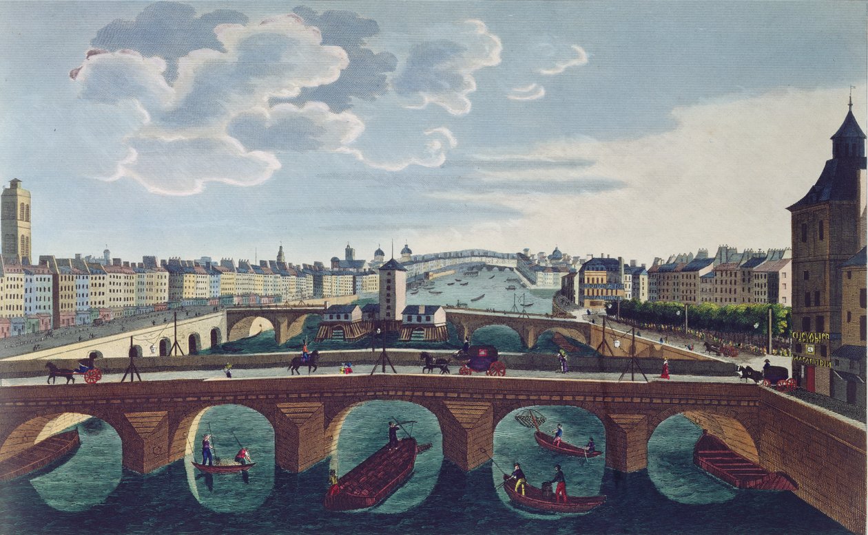 Pont au Change og Pont Notre Dame, ca. 1815-20 (fargegravering) av Henri Courvoisier Voisin