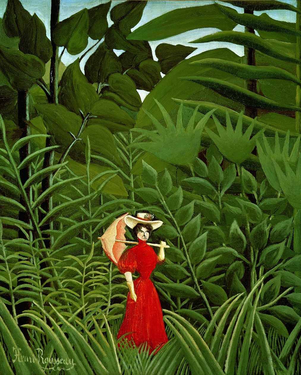 Kvinne i rødt i skogen, ca. 1907 av Henri Rousseau