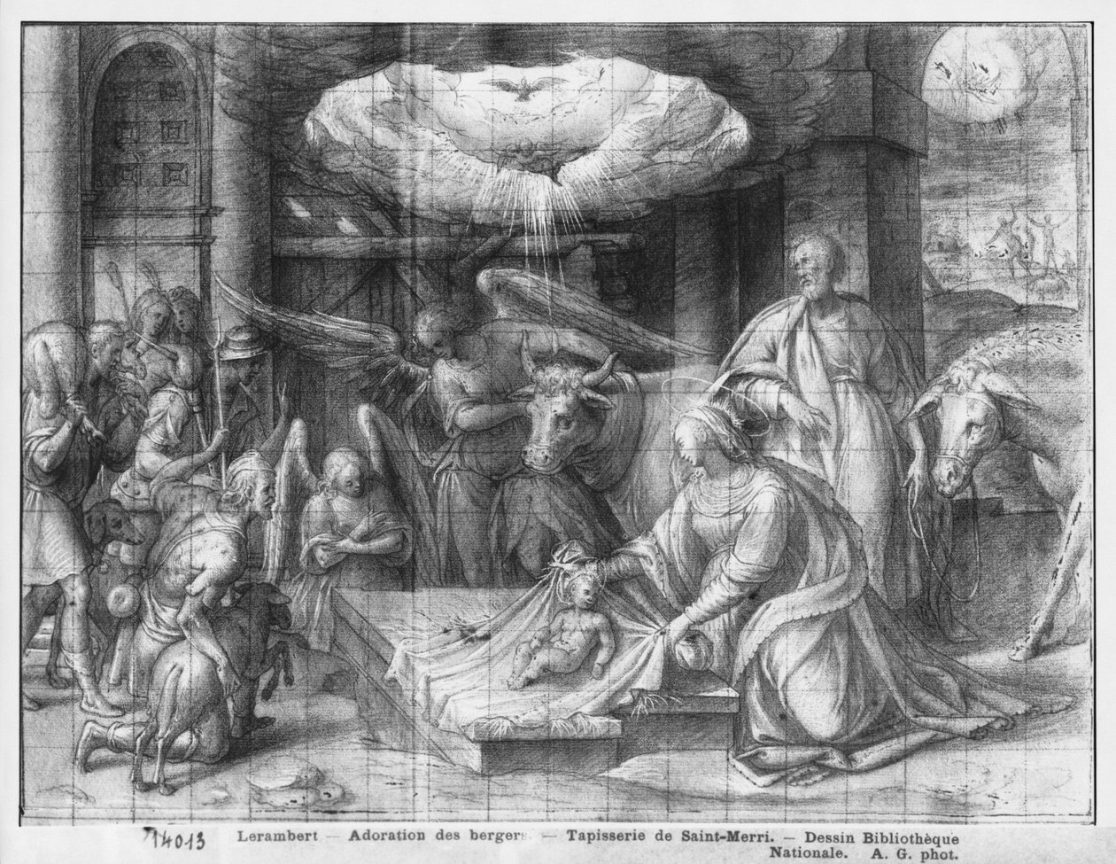 Life of Christ, tilbedelse av hyrdene, forberedende studie av billedvev tegneserie for kirken Saint-Merri i Paris, ca. 1585-90 (pierre noire und wash und white highlights on paper) av Henri Lerambert