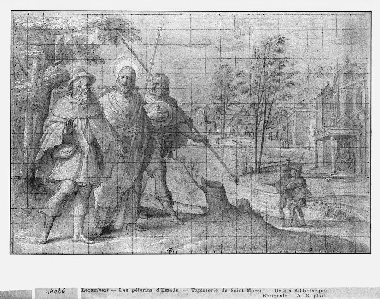 Life of Christ, Kristus på veien til Emmaus, forberedende studie av billedvev tegneserie for kirken Saint-Merri i Paris, ca. 1585-90 (pierre noire und wash und white highlights on paper) av Henri Lerambert