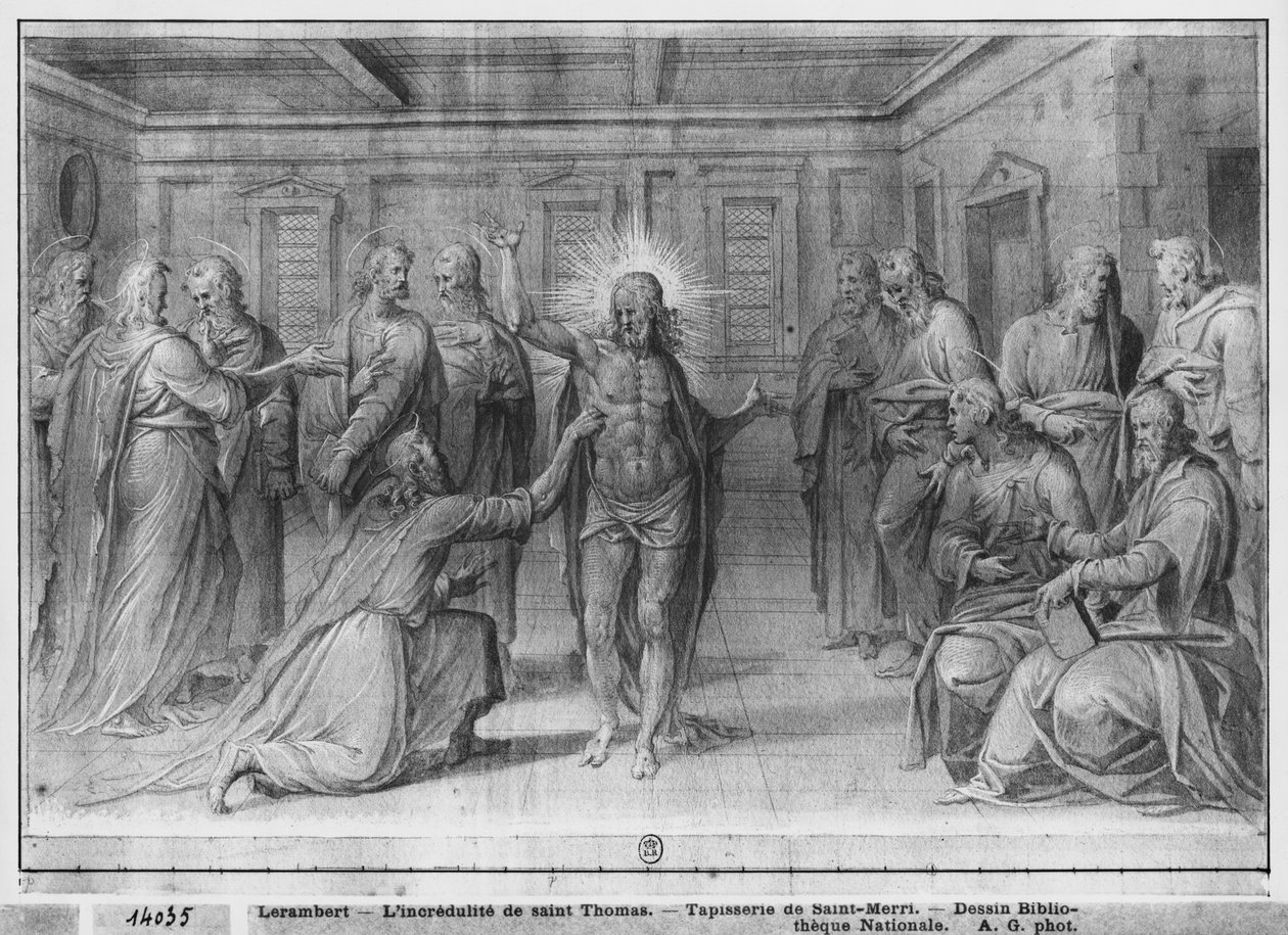 Life of Christ, Incredulity of St. Thomas, forberedende studie av billedvev tegneserie for Church Saint-Merri i Paris, ca. 1585-90 (pierre noire und wash und white highlights on paper) av Henri Lerambert