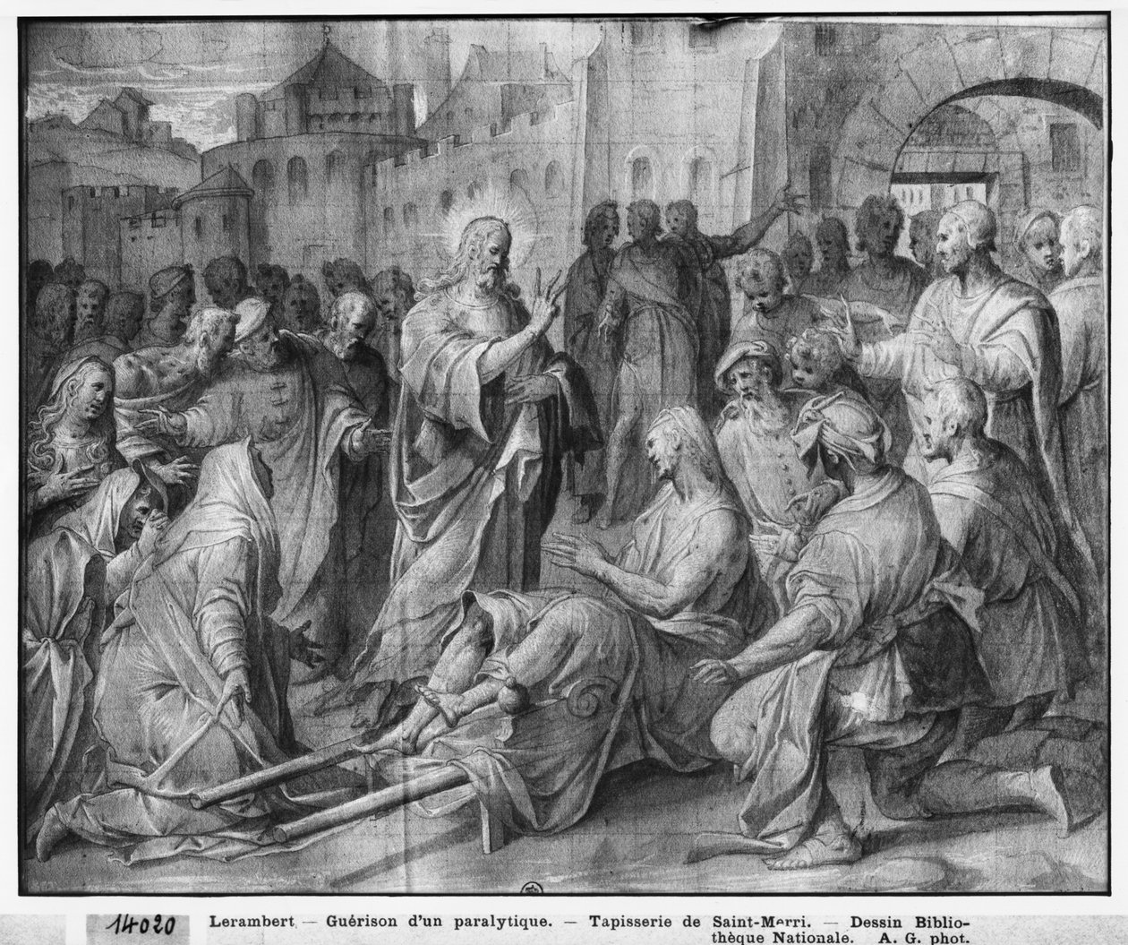Life of Christ, Jesus helbreder en lam i Kapernaum, forberedende studie av billedvev tegneserie for kirken Saint-Merri i Paris, ca. 1585-90 (pierre noire und wash und white highlights on paper) av Henri Lerambert