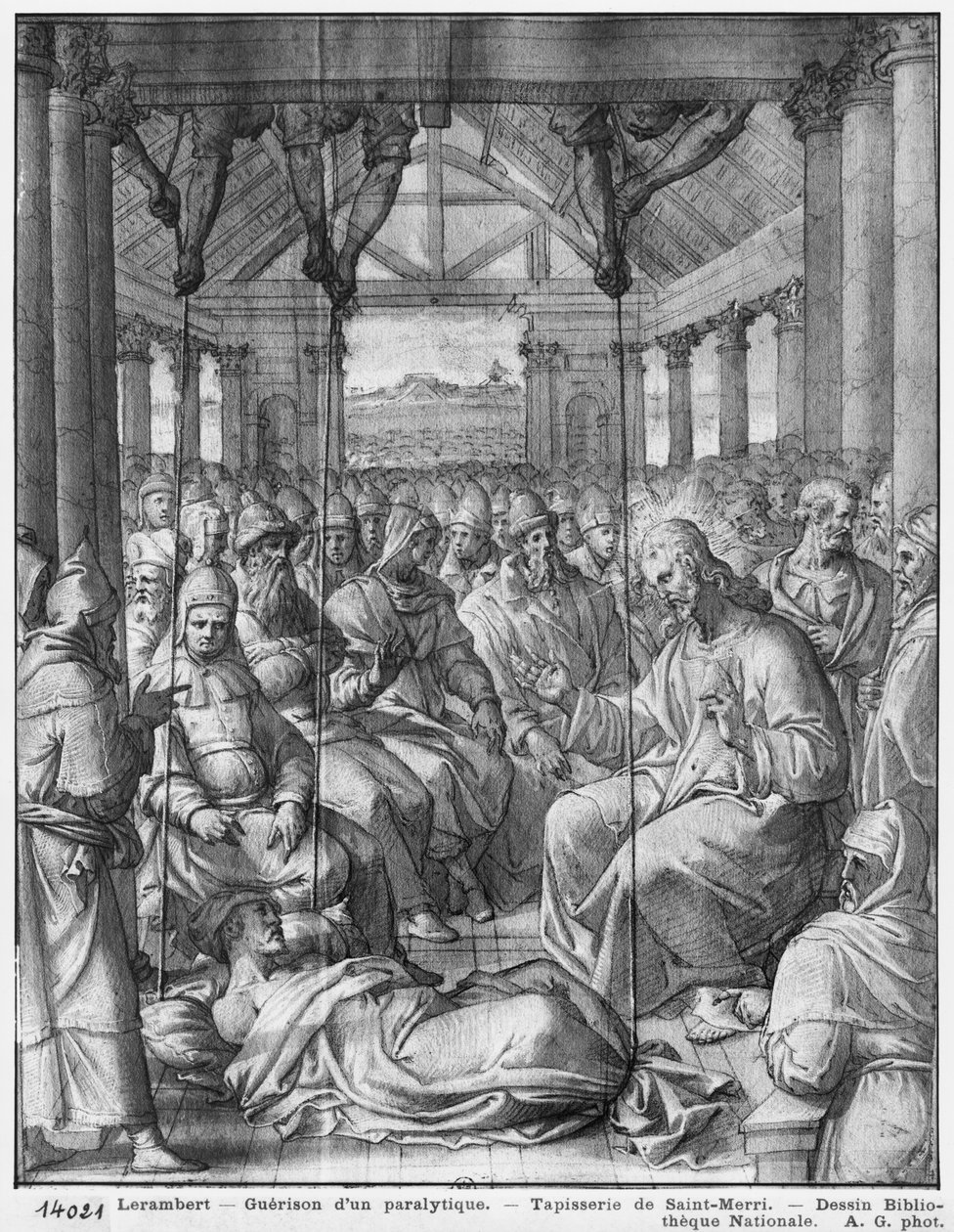 Life of Christ, Jesus helbreder en lam i Kapernaum, forberedende studie av billedvev tegneserie for kirken Saint-Merri i Paris, ca. 1585-90 (pierre noire und wash und white highlights on paper) av Henri Lerambert